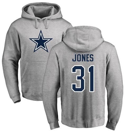 Men Dallas Cowboys Ash Byron Jones Name and Number Logo #31 Pullover NFL Hoodie Sweatshirts->nfl t-shirts->Sports Accessory